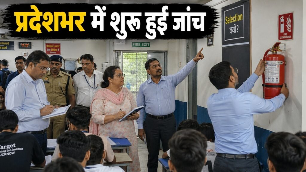लखनऊ अग्निकांड के बाद कोचिंग सेंटरों की जांच करते अधिकारी